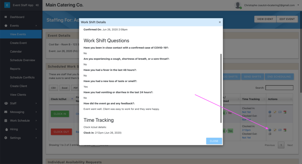 View details on a work shift including answers to work shift questions.