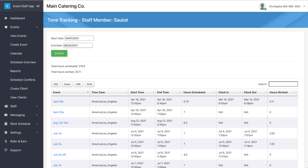 Payroll report for a staff member