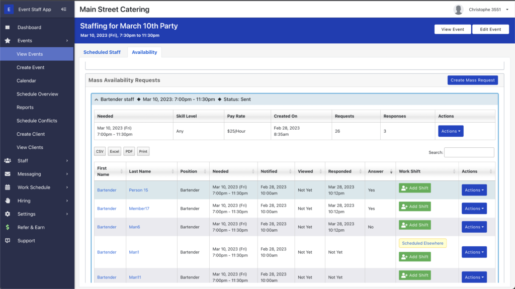 Screenshot of a mass availability request