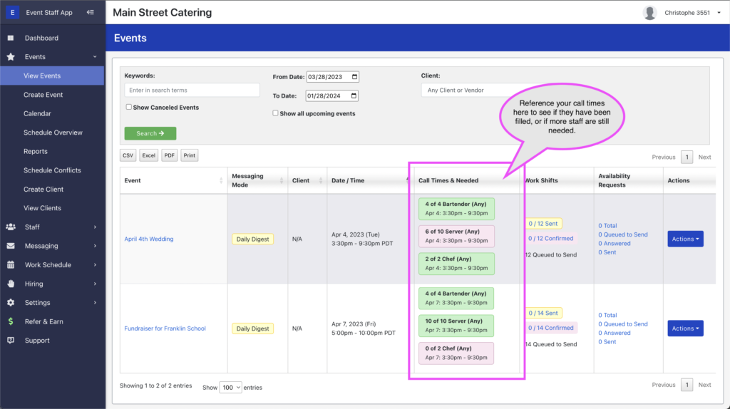 Screenshot of the View Events table with call times