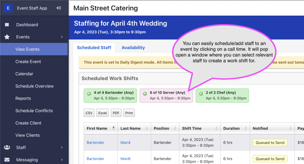 Click on call times to easily add work shifts for staff