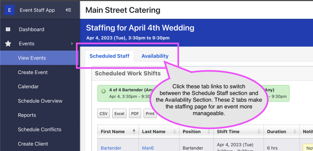 Main tabs that break up the staffing page into 2 sections