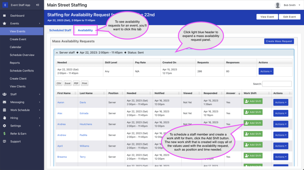 Create work shifts from availability requests