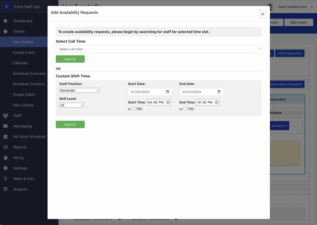 How to manually create availability requests - Step 2