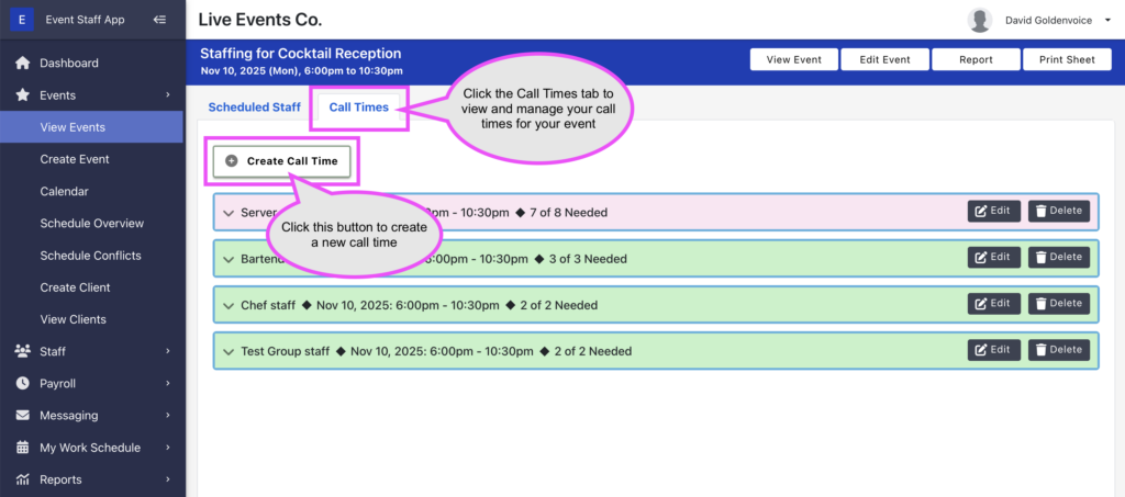 Screenshot of how to add call times
