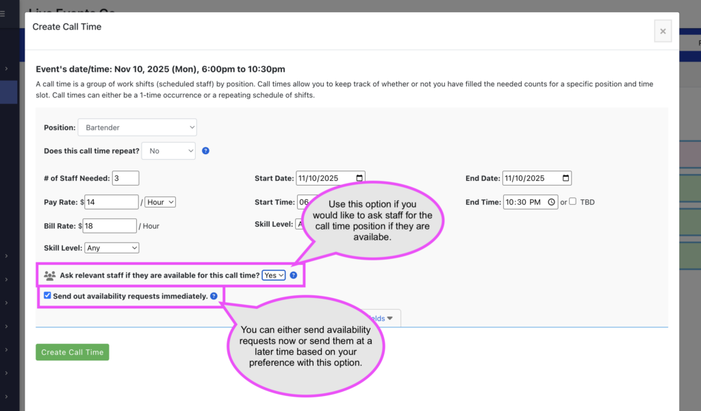 Screenshot of how to create a call time and ask for availability